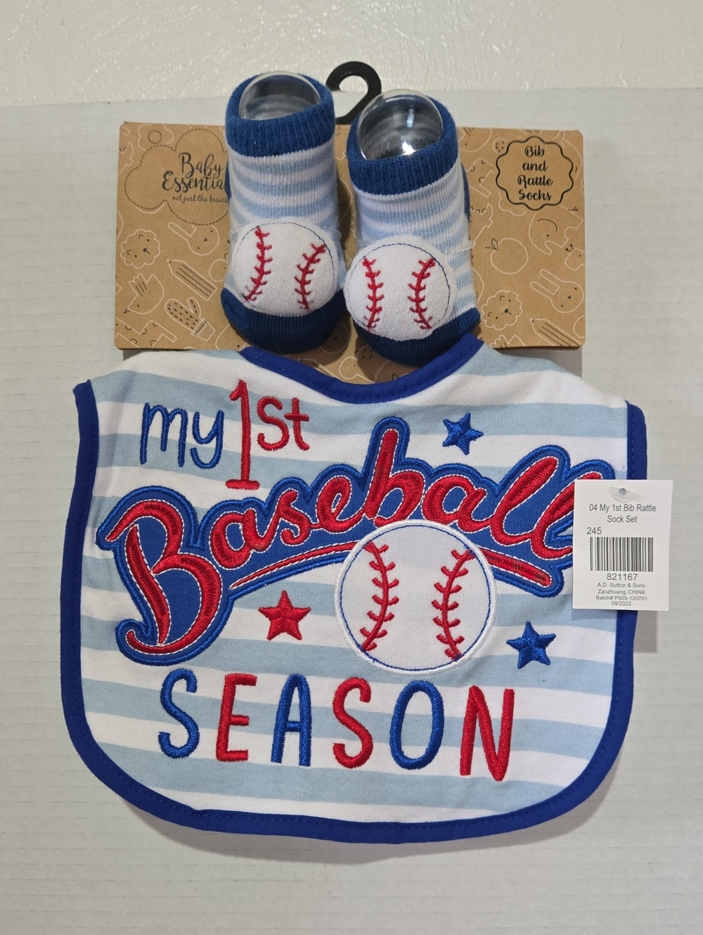 Baby Essentials "My 1st Baseball Season" Bib & Rattle Sock Set 0-6mo